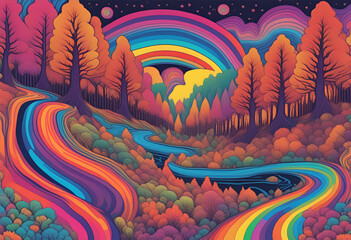 landscape with a rainbow and a bird