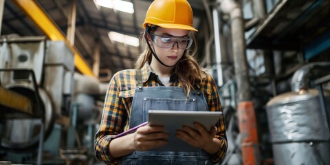 A female industrial worker in a factory wearing a hardhat, conducting equipment examination using a tablet.