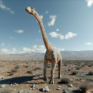 Alamosaurus in a dry riverbed with sparse vegetation, realistic and striking, [Dinosaur], [Titanosaurs]