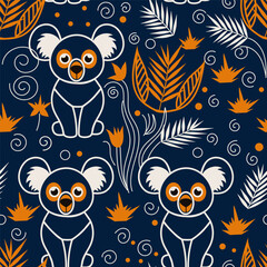 cute koalas on a bright plant background. seamless pattern