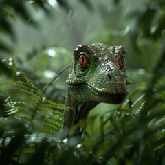 Fototapeta premium Hypsilophodon in a dense fern forest, beautifully detailed and realistic, [Dinosaur], [Small Herbivores]