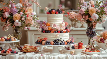 Naklejka premium charming celebration canvas, Elegant multi-tier cake with fruits and flowers on vintage table in serene celebration space.