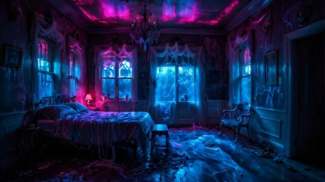 As night arrives, the haunted bedroom transforms, filled with cobwebs and neon lights, setting a spooky gothic atmosphere with a chilling and eerie ambiance