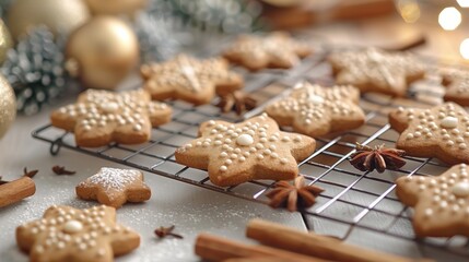 holiday baking, freshly baked gingerbread cookies on a wire rack, surrounded by cinnamon sticks and star anise, infusing the room with festive aromas of christmas