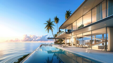 Fototapeta premium A lavish beachfront mansion with expansive glass walls