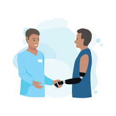 A happy young man shakes the doctor’s hand and thanks him for treatment, prosthetics and adaptation. Thanks to the doctors and nurses. Vector illustration on a white background.