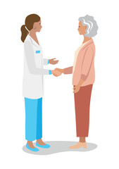 Happy elderly woman shakes the doctor's hand and thanks him for the treatment. Thanks to the doctors and nurses. Vector illustration on a white background.
