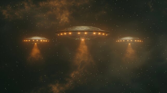Three alien spaceships flying through the night sky
