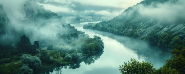 Obraz premium A tranquil river winding through a misty valley.