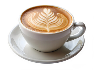 Close up shot of hot latte coffee with latte art in a ceramic white cup and saucer on white background with clipping path.