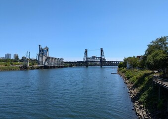 View of the Steel Bridge across the Willamette River. Portland, Oregon, USA