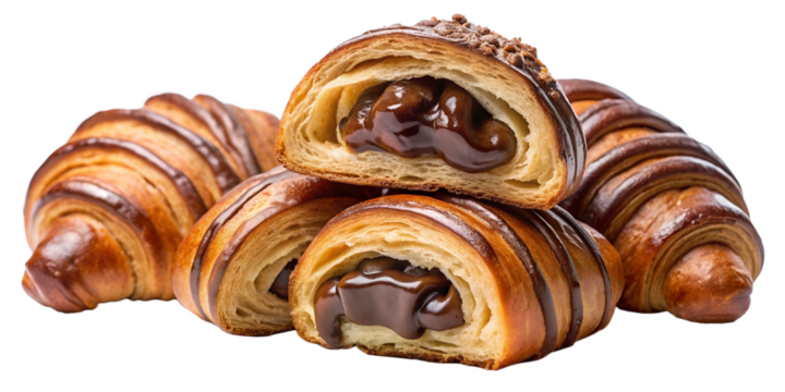 Croissants on a white isolated background, front view. Serve yourself a delicious croissant with chocolate filling, suitable for menu design, restaurants, bakeries. French classics PNG.