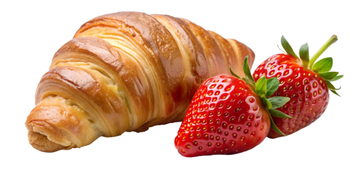 Croissants on a white isolated background, front view. Serve yourself a delicious croissant with whole strawberries, suitable for menu design, restaurants, bakeries. French classics PNG.