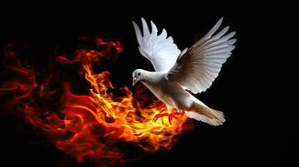 Fototapeta premium Flying White Dove on Fire, Isolated on Dark Background, Dramatic Contrast, Symbolic Imagery, Fiery Dove, Conceptual Art, Dark and Light, Dynamic Visuals, Powerful Representation