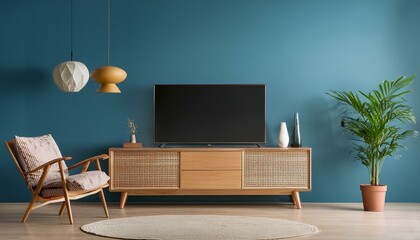 Stylish Serenity: 3D Render of Living Room with TV Stand and Armchair"