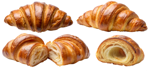Set of croissants on a white isolated background front view, top view, half cut into pieces. Serve yourself a delicious fluffy croissant suitable for menu design, restaurants, bakeries. French classic