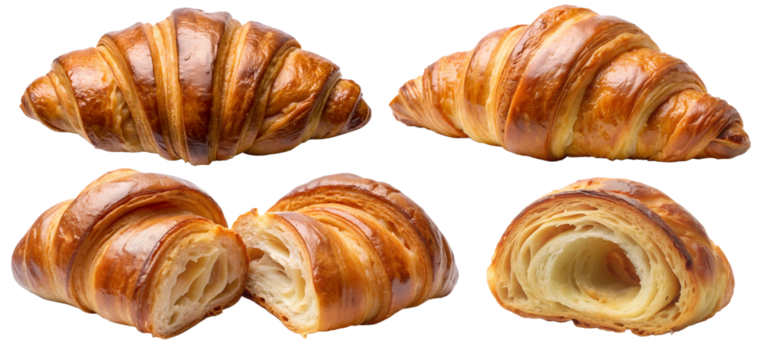 Set of croissants on a white isolated background front view, top view, half cut into pieces. Serve yourself a delicious fluffy croissant suitable for menu design, restaurants, bakeries. French classic