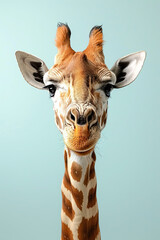 Giraffe with a Long Neck on Pastel Blue Background, Graceful Giraffe, Animal Illustration, Soft Background, Tall Giraffe, Elegant Wildlife, Pastel Colors, Animal Portrait