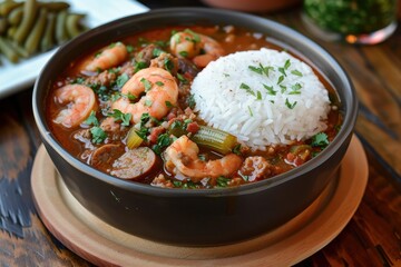 A bowl of gumbo, a hearty stew with shrimp, sausage, okra, and spices, served with a scoop of white rice. 