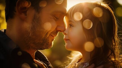 Tender Moment: Father and Child Sharing a Secret in Sunlight with Heads Close Together