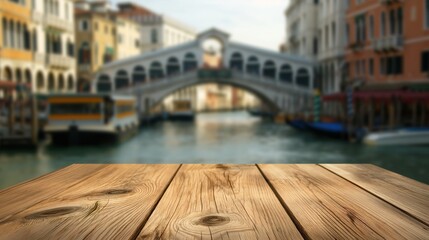 close up of rustic empty wooden table with blurred Rialto Bridge background
