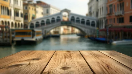 Ingelijste posters Rialtobrug close up of rustic empty wooden table with blurred Rialto Bridge background  © Schmidt