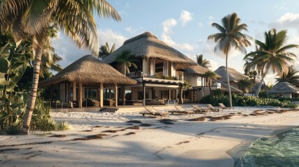 A luxurious beachfront mansion with a modern tropical design