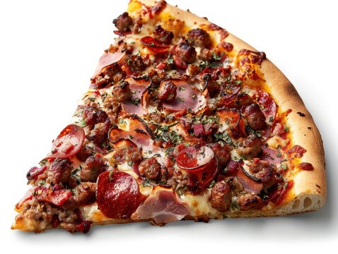 Close-up of a delicious meat lovers pizza slice with pepperoni, sausage, and bacon, expertly prepared on a thin crust with melted cheese.