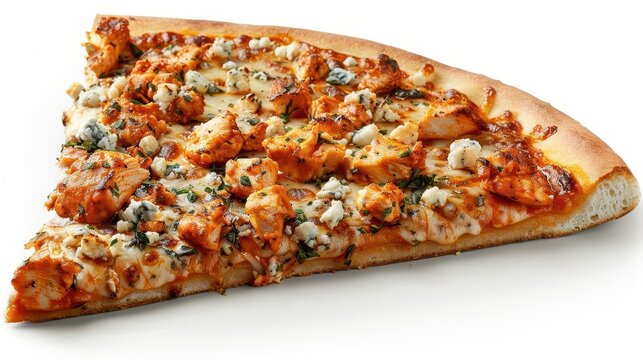 Close-up of a delicious pizza slice topped with chicken and herbs on a white background. Perfect image for food-related content and advertisements.