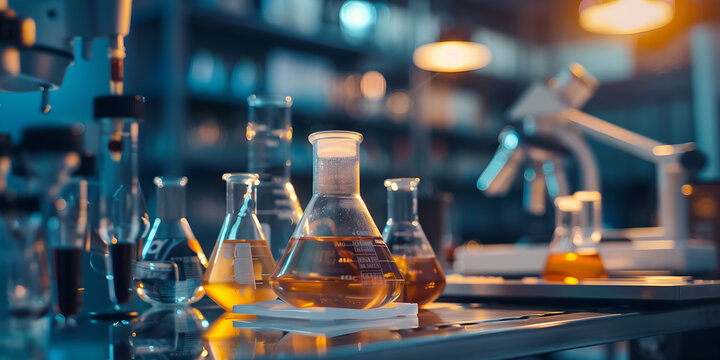Well-equipped chemical, medical, pharmaceutical or educational research laboratory. Modern instruments, a powerful microscope, flasks, test tubes and burettes with multi-coloured substances.