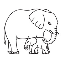 Line art of baby elephant standing with mother elephant cartoon vector