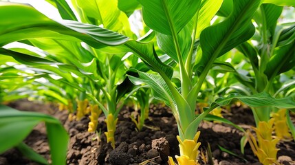 Obraz premium Galangal grown in the garden Bright green leaves and yellow rhizomes are visible.