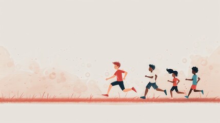 Naklejka premium A group of children running outside on a grassy field in a cheerful and energetic scene, illustrating fun and outdoor activity.