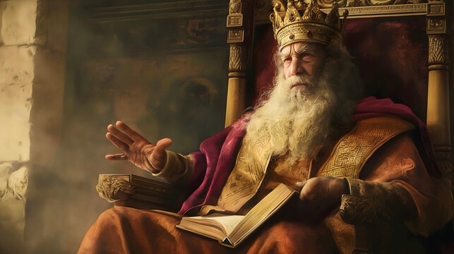 King Solomon, the wise king as he was called in ancient Israel, sitting on his throne given by God, with his crown on his head.