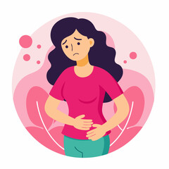 Painful female periods concept. Vector flat character illustration. Woman standing and suffering menstrual abdominal pain isolated on pink background. Design for health care..