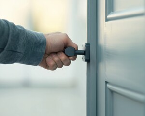 Obraz premium Close-up of a hand turning a key to lock a door, symbolizing security, privacy, and protection in a residential or commercial setting.
