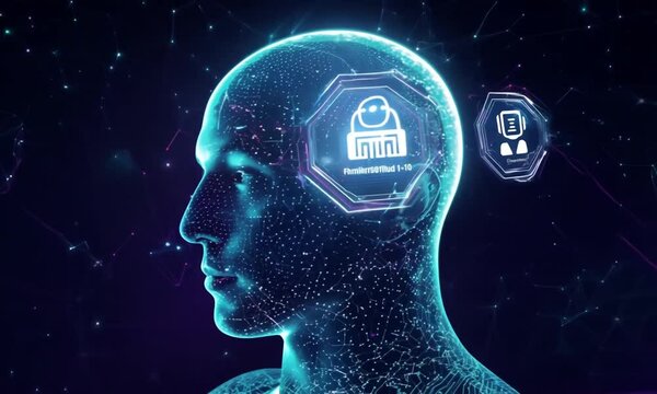 A graphic visualization of a human head overlaid with glowing digital data streams and network symbols