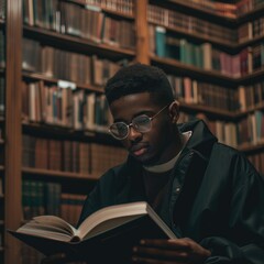 Focused Male Student Reading in Library