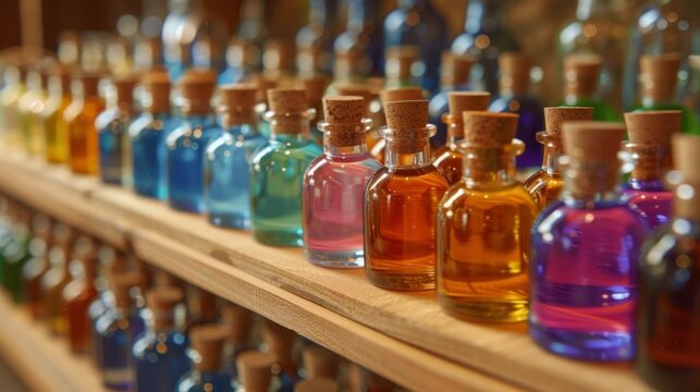 aromatic essential oils displayed in colorful bottles on a wooden rack in a perfumer lab, representing the art of perfume crafting