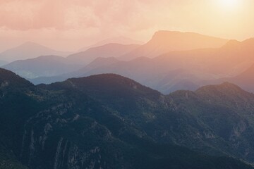 Misty mountain layers, silhouettes on the horizon, Pyrenees