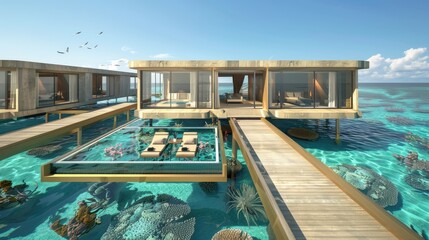 A luxurious floating island resort with contemporary overwater bungalows