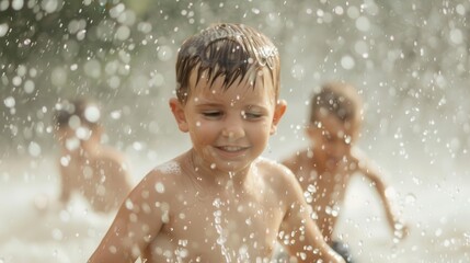 Obraz premium Happy children enjoying a fun-filled summer day, playing in the water, with joyful smiles and splashes creating a vibrant, carefree atmosphere.