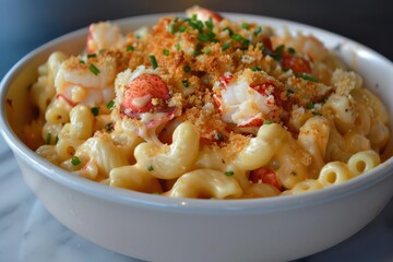 A bowl of lobster mac and cheese, creamy and cheesy, with chunks of lobster meat and a crispy breadcrumb topping