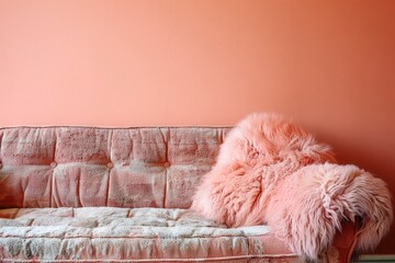 A sofa made of fur in front of a single colored wall.