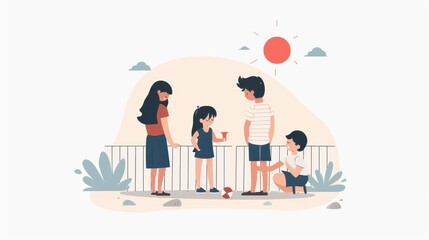 Illustration of a happy family enjoying outdoors on a sunny day. Parents and kids having fun together, bonding and creating memories.