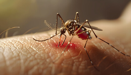 A mosquito sucks human blood. Dangerous mosquito virus in human skin, Maedes hemorrhagic fever virus, Zika virus, Dengue fever and malaria.