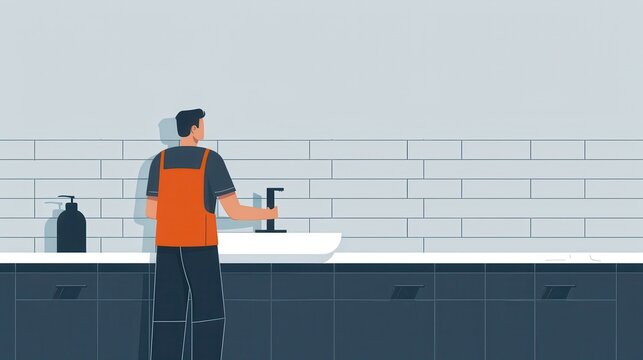 Illustration of a plumber fixing a sink in a modern kitchen with a white tile backsplash. Ideal for home repair and maintenance concepts.