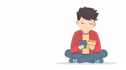 Illustration of a young boy seated cross-legged, reading a book, wearing a red jacket and sneakers against a plain white background.