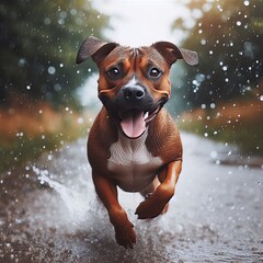 Dog playing in the rain