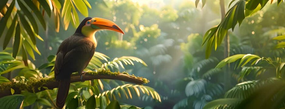Lush rainforest canopy with a colorful toucan perched on a branch, 4K hyperrealistic video